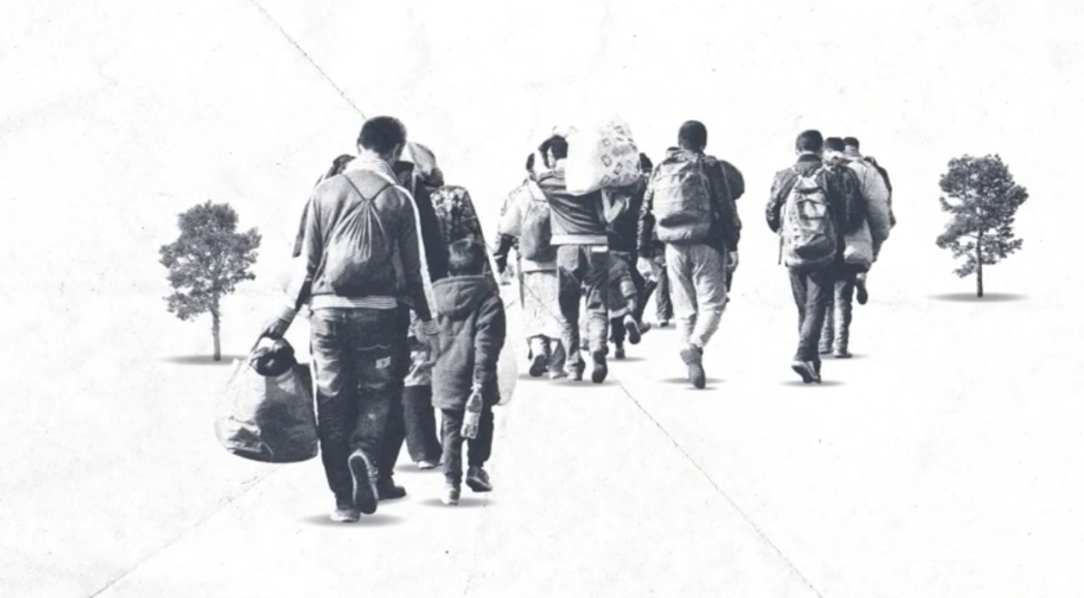Drawing of refugees walking in line with many luggage